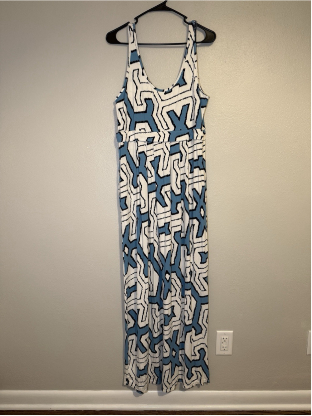 Bel Kazan x Anthropologie Abstract Geometric Maxi Dress XL Blue White Rayon